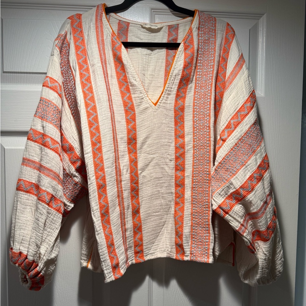 By Together Top. Tunic. Size: Small. Orange, blue & cream. Long Sleeve. Gauze.